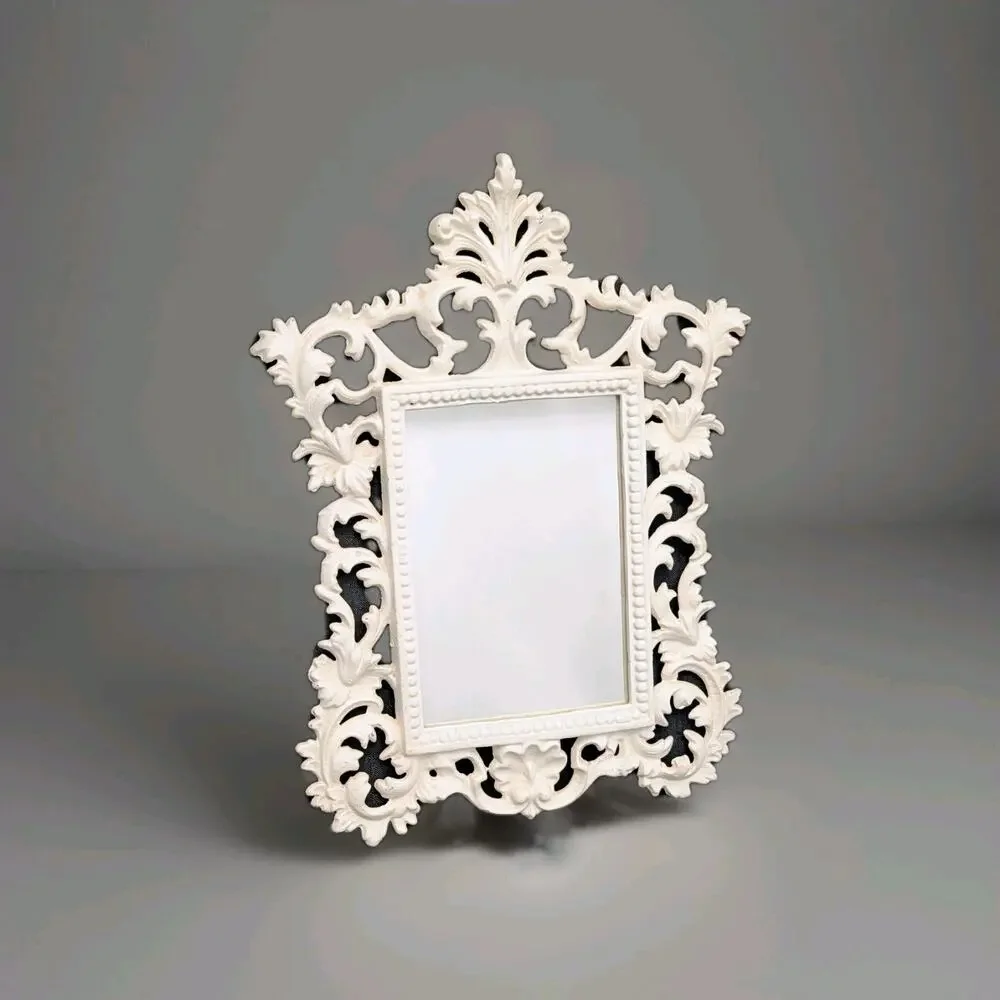 Ornate Cast Iron Victorian Style Vintage Mirror Cottage White 10 x 13.5 Inches